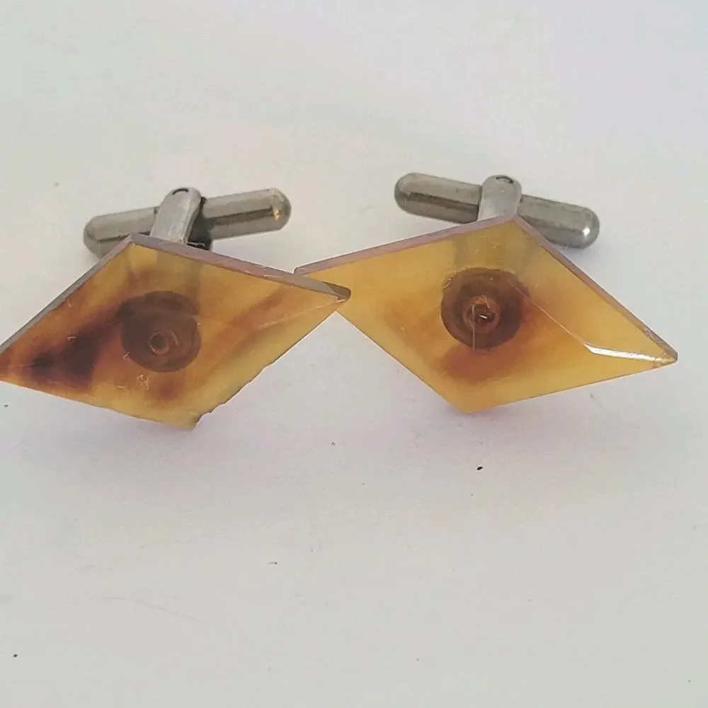 Silver Brown Turtoise Plastic Tone Cufflinks Vintage Trapezoid Retro Mid Century